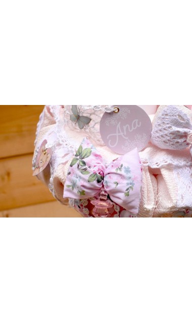 Lumanare de botez cu ursuleti roz, dantela roz si pattern floral cu trandafiri Teddy Bear Pink 16